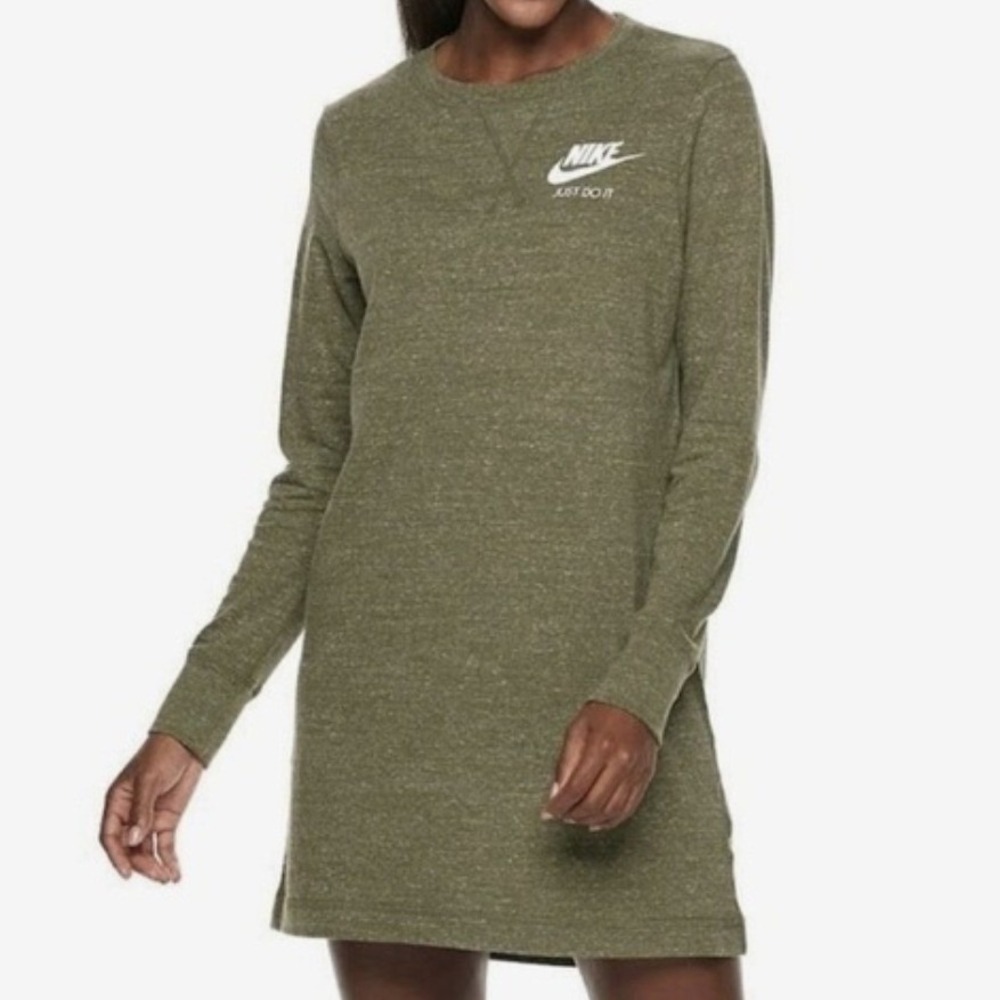 Nike Gym Vintage L/S Loose-Fit Dress Womens M olive green Heathered Just Do It